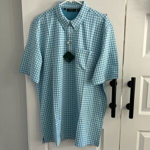 New Bobby Jones golf  blue and white small check button-down cotton polo XL‎